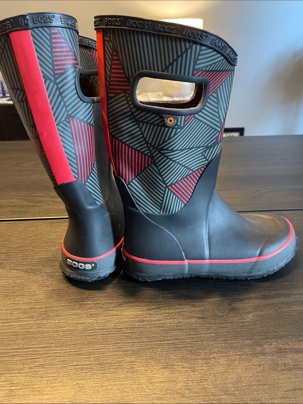 Bogs Black Rain Boots with Red Accents